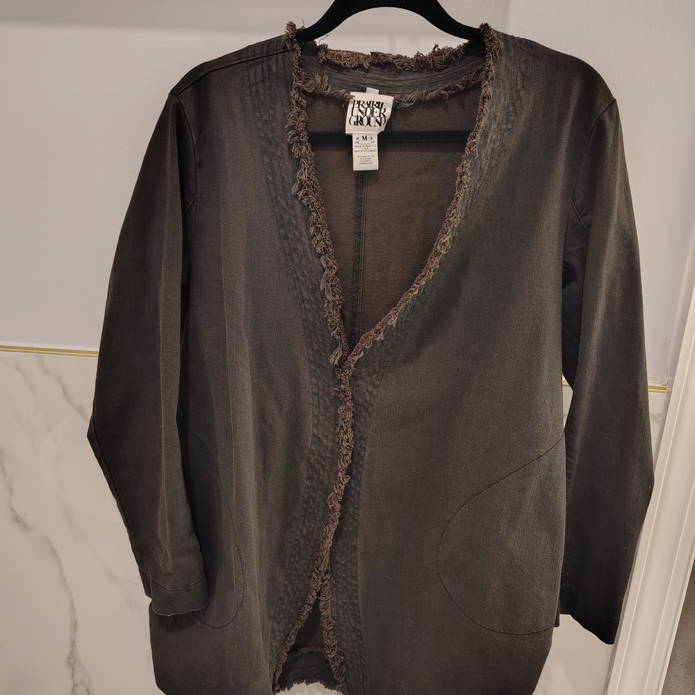 Prairie Underground dark Denim Distressed Trim Long Open Jacket - Picture 5 of 15